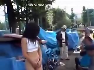 Japanese car show girl naked and sucking cock in public